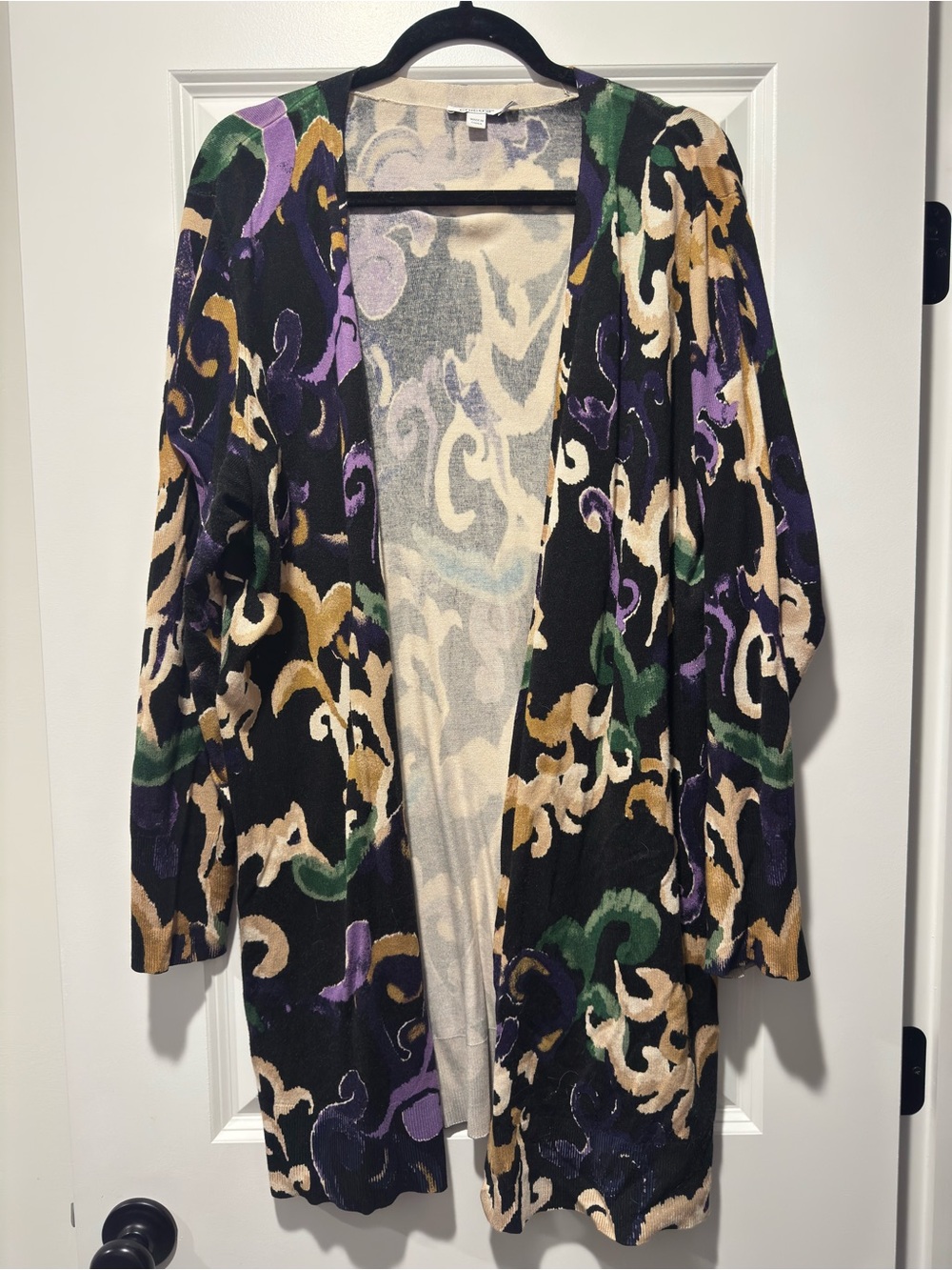 Chico's Black Open-Front Cardigan with Purple, Green & Cream Swirls